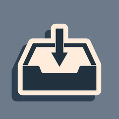 Black Download inbox icon isolated on grey background. Long shadow style. Vector Illustration