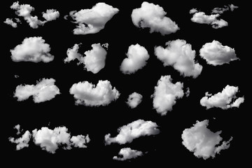Set of clouds white fluffy for design on a isolated elements black background.