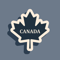 Black Canadian maple leaf with city name Canada icon isolated on grey background. Long shadow style. Vector Illustration