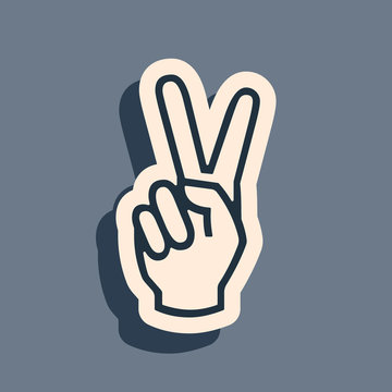 Black Hand showing two finger icon isolated on grey background. Victory hand sign. Long shadow style. Vector Illustration