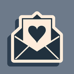 Black Envelope with Valentine heart icon isolated on grey background. Letter love and romance. Long shadow style. Vector Illustration