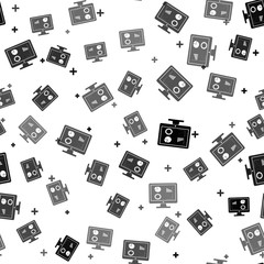 Black Computer monitor with graph chart icon isolated seamless pattern on white background. Report text file icon. Accounting sign. Audit, analysis, planning. Vector Illustration