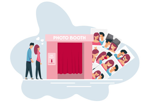 Young Family Members Waiting their Turn to Photo Booth. Married Man and Woman Going to Do Funny Shot. Flat Cabin for Taking Pictures and Different Photography with Happy Lovers. Vector Illustration