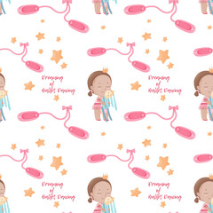 Seamless pattern of the girl in the tutu skirt  hugs her stitched rabbit toy among stars and pointes
