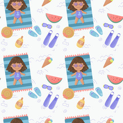 Girl in sunglasses and swimsuit taking sun bath on the mattress. Seamless pattern with summer and vacations attributes 