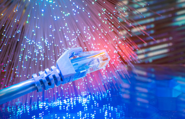 network cables with fiber optical technology background,Communication Concept