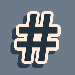 Black Hashtag icon isolated on grey background. Social media symbol. Modern UI website navigation. Long shadow style. Vector Illustration