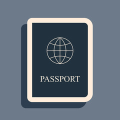 Black Passport with biometric data icon isolated on grey background. Identification Document. Long shadow style. Vector Illustration