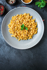 dry yellow peas boiled porridge healthy food (meat product sausage) menu concept background. top view. copy space for text