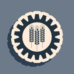 Black Wheat and gear icon isolated on grey background. Agriculture symbol with cereal grains and industrial gears. Industrial and agricultural. Long shadow style. Vector Illustration