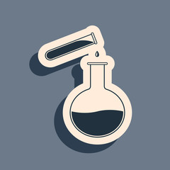 Black Test tube and flask - chemical laboratory test icon isolated on grey background. Laboratory glassware sign. Long shadow style. Vector Illustration