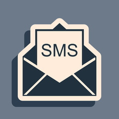 Black Envelope icon isolated on grey background. Received message concept. New, email incoming message, sms. Mail delivery service. Long shadow style. Vector Illustration