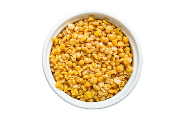 dry yellow peas boiled porridge healthy food (meat product sausage) menu concept background. top view. copy space for text