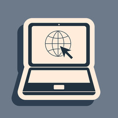 Black Website on laptop screen icon isolated on grey background. Laptop with globe and cursor. World wide web symbol. Long shadow style. Vector Illustration