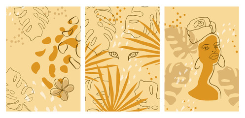 Posters with the line of the face. Fashion banners with a single line of a woman's face, abstract shapes, animalistic patterns, and leaves. Creative Vector illustration.