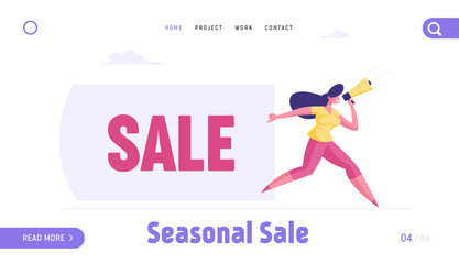 Discount Advertising Alert Business Landing Page Template. Woman Character Shouting to Megaphone Pulling Huge Banner with Sale Typography. Public Relation Ads Promo Poster. Cartoon Vector Illustration