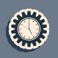 Black Time Management icon isolated on grey background. Clock and gear sign. Productivity symbol. Long shadow style. Vector Illustration