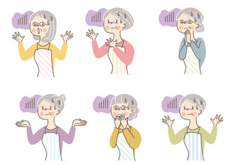 怖る若シニア女性　エプロン　セット