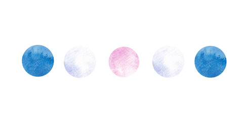 Border made of watercolor circles of pink and blue color on a white background. Use for menus, baby decor and birthday parties