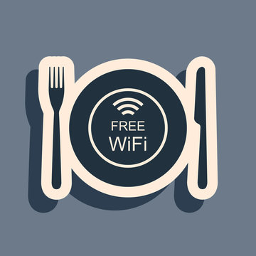 Black Restaurant Free Wi-Fi zone icon isolated on grey background. Plate, fork and knife sign. Long shadow style. Vector Illustration