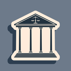 Black Courthouse building icon isolated on grey background. Long shadow style. Vector Illustration