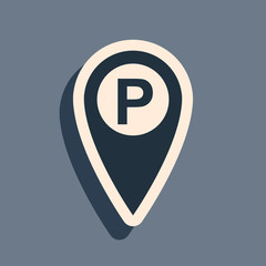 Black Map pointer with car parking icon isolated on grey background. Long shadow style. Vector Illustration