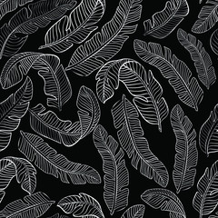 Fototapeta na wymiar Tropical, abstract, chalk fashion vector seamless patten on black background. Concept for wallpaper, wrapping paper, cards 