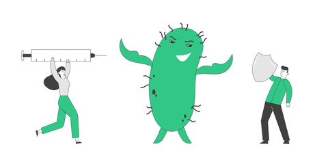 Epidemic Disease and Vaccination Concept. Huge Green Microbe Character Fighting with People Attacking with Medicine in Syringe and Protecting with Shield from Bacterium. Linear Vector Illustration