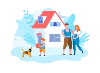 Naklejka premium Pregnant Woman and Man. Child with Ball Playing with Dog near House. Vector Illustration. Purchase Housing. New House. Family Walk. People Walk in Park. Family with Child. Rest Vacation Home.