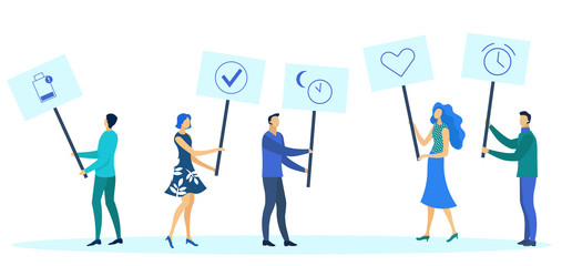 Smartphone Notifications Metaphoric Illustration. Cartoon People Holding Sign Plates with Icons Flat Characters. Low Battery, Message Sent, Like, Alarm Clock Pictograms for Mobile Gadgets, Smartwatch