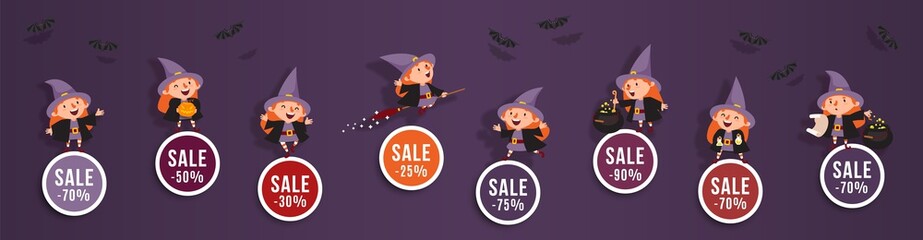 Halloween sale discounts set of round banners with cute witch and bat