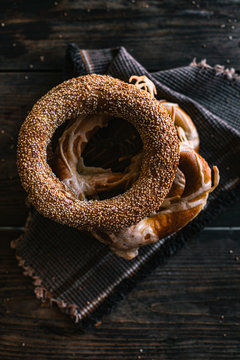 German Bread Pretzel and Bagel Breakfast on a wooden table. ..