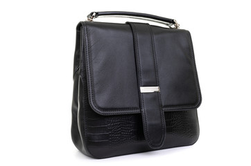 stylish leather black female backpack on a white background