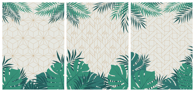 Creative Set Of Elegant Brochures With Tropical Leaves And Plants On A White Geometric Pattern In Art Deco Style, Vector Cards And Flyers