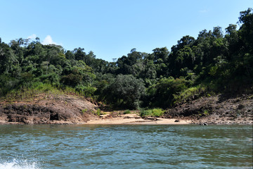 a trip to the roaring waterfalls on the river in a motor boat in a national park in brazil