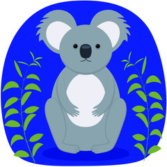 Funny cartoon Koala with eucalyptus branches on a blue background. Isolated vector image