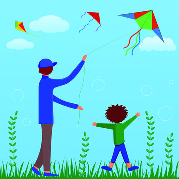 A man and a child launch a kite. Vector image. Flat style