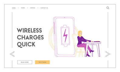Wifi Accessory for Smartphone Poor Level Battery Charge Landing Page Template. Female Character Sitting at Desk near Huge Wireless Pad for Induction Device Charging. Linear Vector Illustration