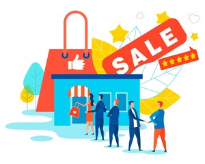 Sale in Webstore and Long Customer Queue Metaphor Cartoon. Shop Building, Happy Men and Women, Huge Shopping Bag with Like Thumbs up Sign. Five Rating Stars Evaluation. Vector Flat Illustration