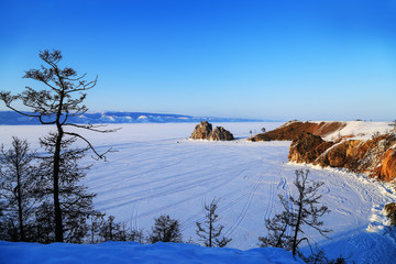 Lake Baikal in winter. Cape Burkhan, Olkhon Island, Siberia, Russia.