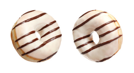 Collage with delicious glazed donuts on white background