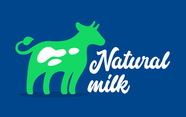 Natural Milk Banner with Green Cow and Typography on Blue Background. Dairy Production Label, Healthy Food Symbol, Icon for Package Design. Bio or Eco Nutrition Sign for Packaging. Vector Illustration