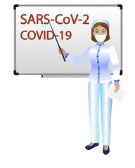 A female doctor, with a pointer and an abstract, talks about the prevention and treatment of coronovirus in front of a white board. Female doctor in a medical mask gives a lecture on infectious diseas
