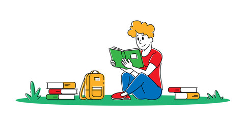 Education Gaining Knowledge Concept. Young Man Student Character Sitting with Books Learning Homework Prepare to Exams in University or College Isolated on White Background. Linear Vector Illustration