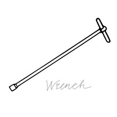 Hand-draw black vector illustration of metallic locksmith tool isolated on a white background with lettering wrench
