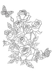 Coloring page with roses and butterflies. Vector graphics.