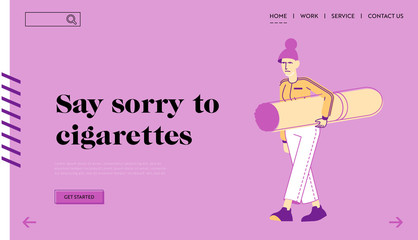 Smoking Addiction and Bad Unhealthy Habit Landing Page Template. Addict Female Character Carry Huge Cigarette in Hands. Addicted Woman with Nicotine and Tobacco Product. Linear Vector Illustration
