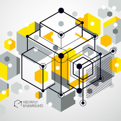 Trend isometric geometric pattern yellow background with bright blocks and cubes. Technical plan can be used in web design and as wallpaper or background. Perfect background for your design projects.