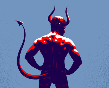 Devil Muscular Strong Man With Horns And Tail From Back View Vector Illustration, Powerful Demon, The Evil Is Strong, Animal Part Of Human Nature, Inner Beast.