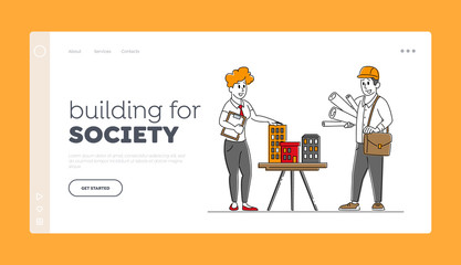 Metropolis Architecture Design Projection Landing Page Template. Woman Architect or Engineer Character Presenting Building Model or House Mock Up to Foreman Worker. Linear People Vector Illustration